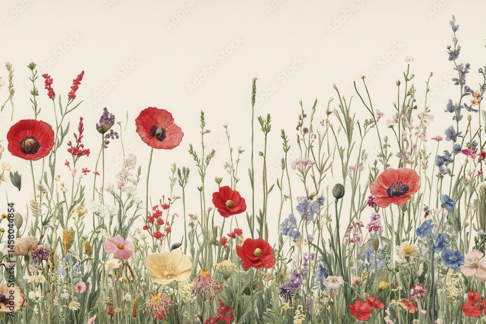 Obraz premium Watercolor Meadow with Poppies and Wildflowers on a Creamy Background for a Floral Border