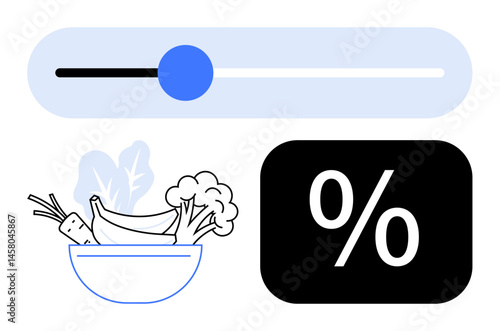 Bowl of fruits and vegetables, adjustable slider for settings, and percent sign symbol. Ideal for dieting, nutrition, discounts, food tracking, health controls, budget planning flat simple metaphor