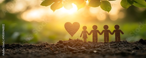 Family Love Scene Depicts paper cutouts of a heart, parent, child, & parents on soil in golden light
