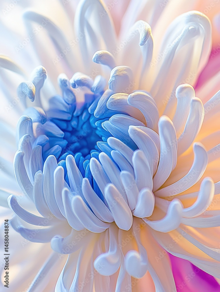 Obraz premium Close-up of a vibrant chrysanthemum flower with intricate petals in shades of white, blue, and purple.