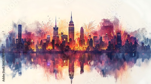 Downtown celebration with skyscrapers and fireworks bursting high resolution photo