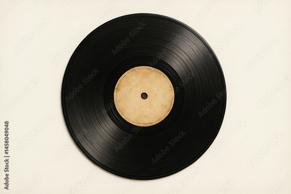 Obraz premium A classic black vinyl record captured from an overhead view, showcasing its smooth surface and central label, ideal for music lovers, nostalgia, and retro-themed projects.