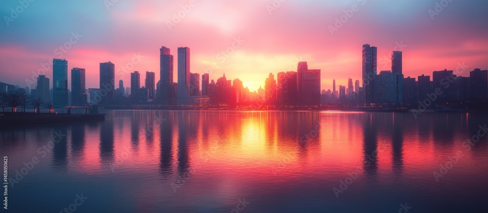 Fototapeta premium Sunrise City Skyline Reflection