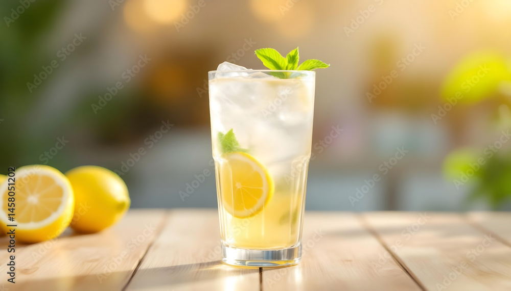 Fototapeta premium Fresh summer lemonade with citrus slice and mint served in ice filled glass with natural daylight