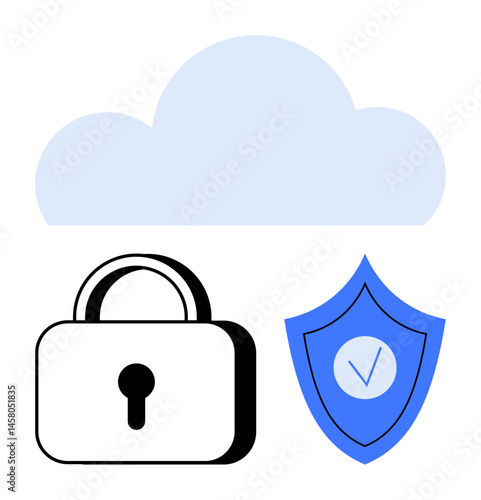 Cloud icon above a lock and shield with checkmark emphasizes privacy, security, encryption, and trustworthy solutions. Ideal for cybersecurity, cloud computing, technology, digital safety, storage