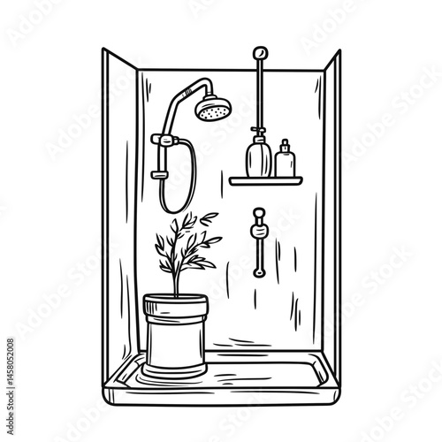 Shower with plant and bottles in minimalist design  