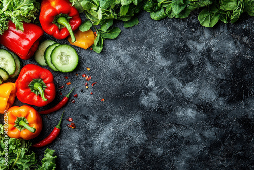 Fresh vegetables like bell peppers, cucumbers, and greens
