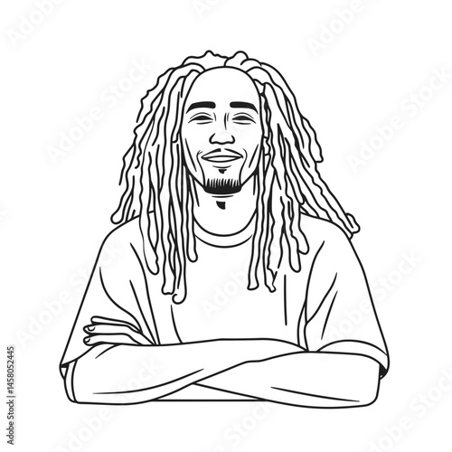 Young man smiling with dreadlocks and crossed arms in sketch style  