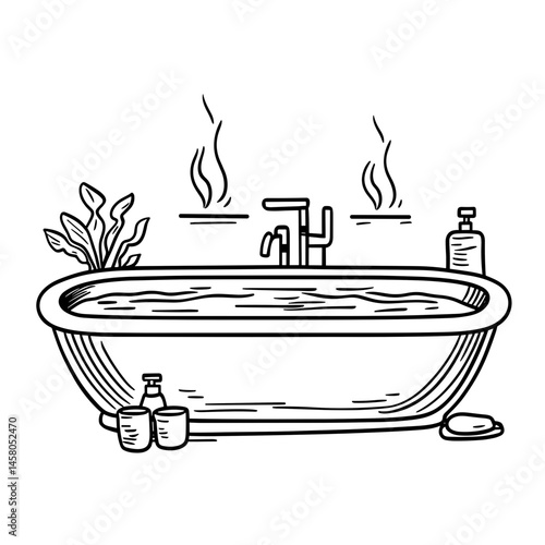 Hand-drawn bathtub with water, plants, and bottles in spa setting  