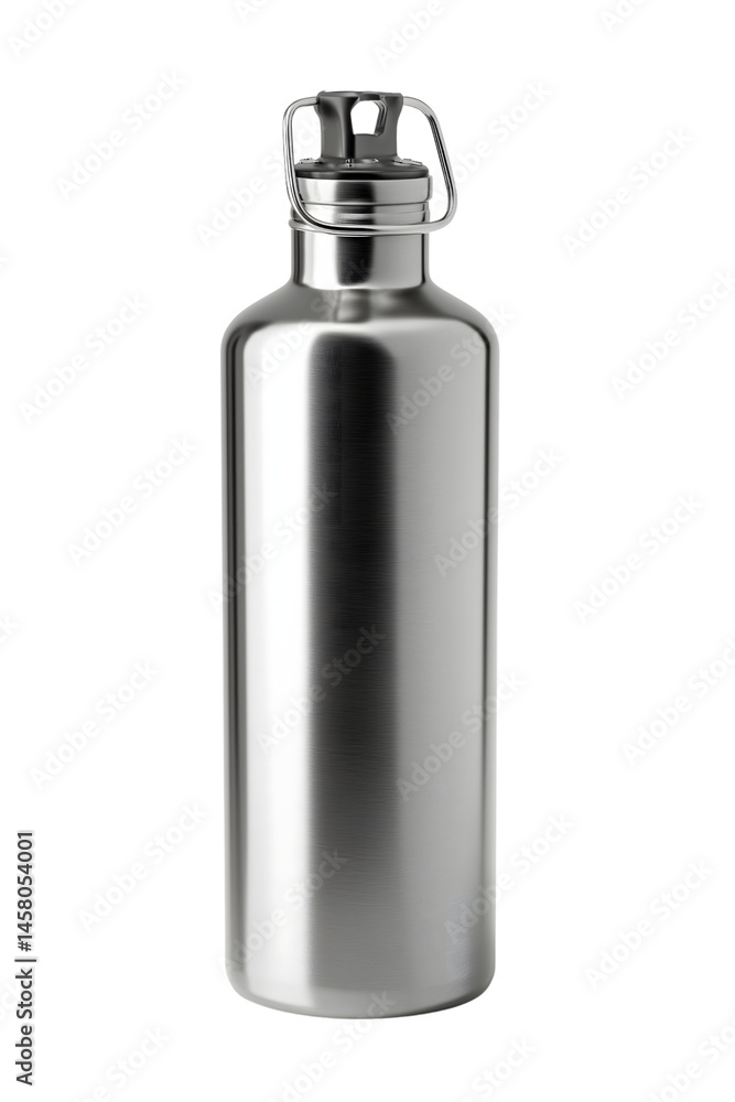 Sleek Stainless Steel Water Bottle with Loop Cap, Isolated on White Background Sleek Stainless Steel Water Bottle with Loop Cap, Isolated on White Background