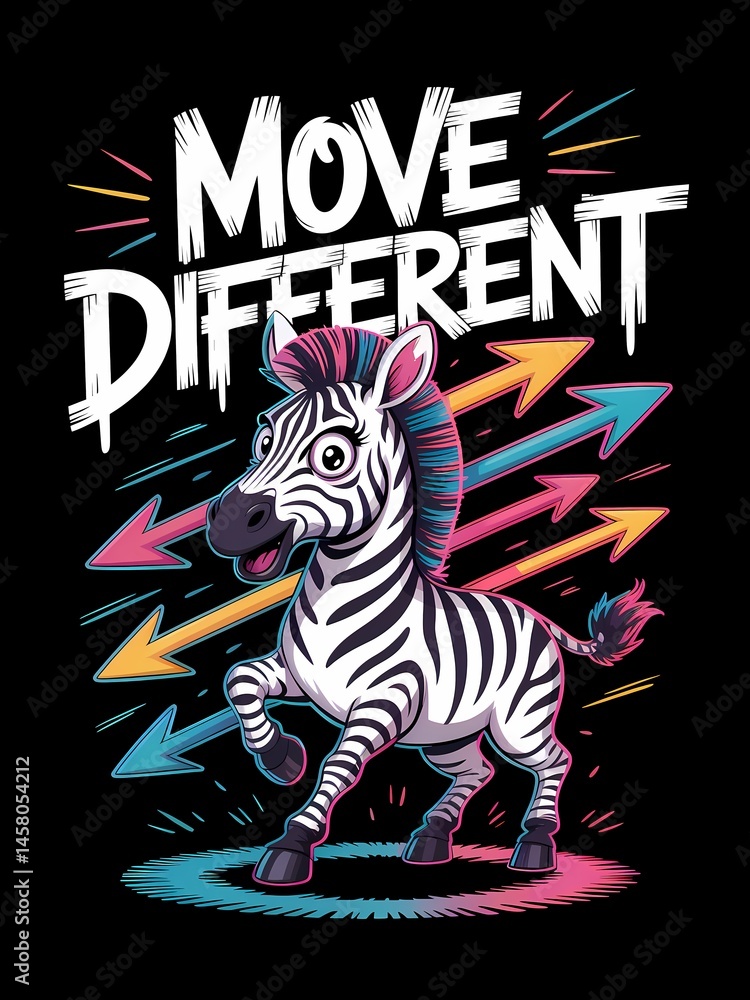 Obraz premium Vibrant illustration of a zebra encouraging diverse movement with directional arrows, perfect for design application