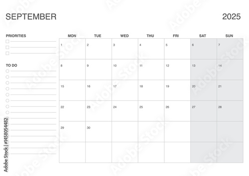September 2025 A4 Monthly Calendar, Dated SEPTEMBER Planner