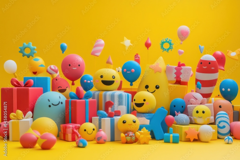 World Emoji Day scene with gifts, emojis, and fun digital icons World Emoji Day scene with gifts, emojis, and fun digital icons