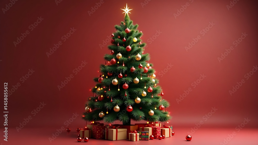 Christmas tree with ornaments, 3D festive design Christmas tree with ornaments, 3D festive design