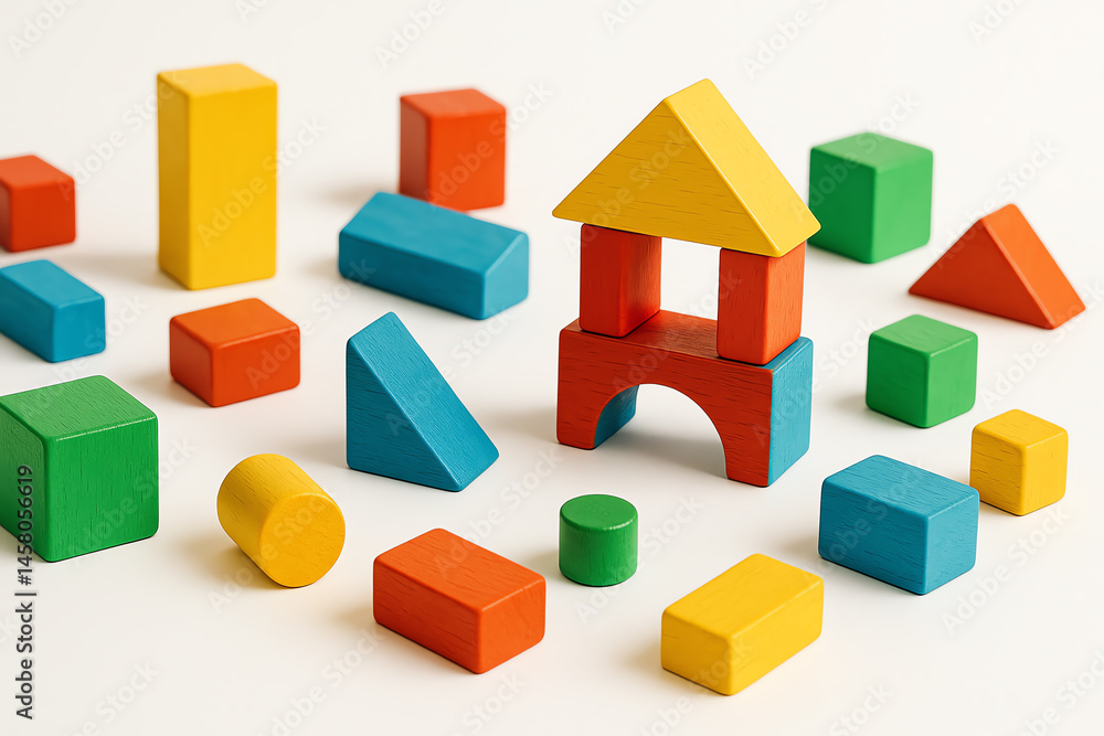 Obraz premium Colorful geometric wooden building blocks scattered on a surface, showcasing creativity and imagination