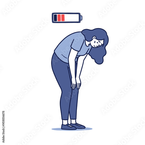 Tired woman bending forward with low battery symbol above her head  