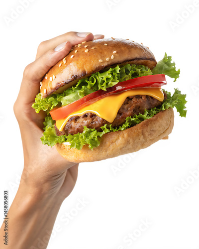 hand holding a hamburger isolated on white background, PNG