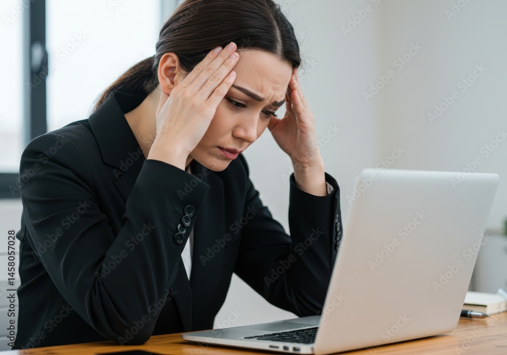 A woman in a black blazer sitting at a desk with a laptop holding her head with her hands looking down A woman in a black blazer sitting at a desk with a laptop holding her head with her hands looking down