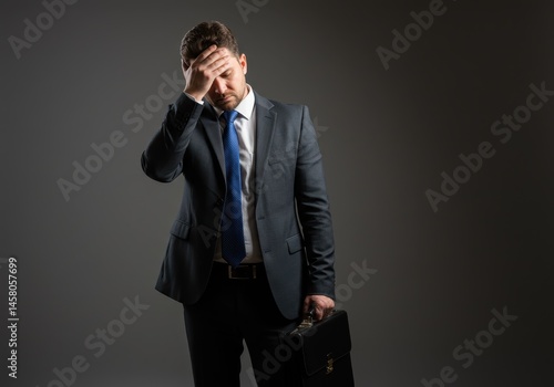 Man in suit with hand on forehead and briefcase standing against a grey colored background