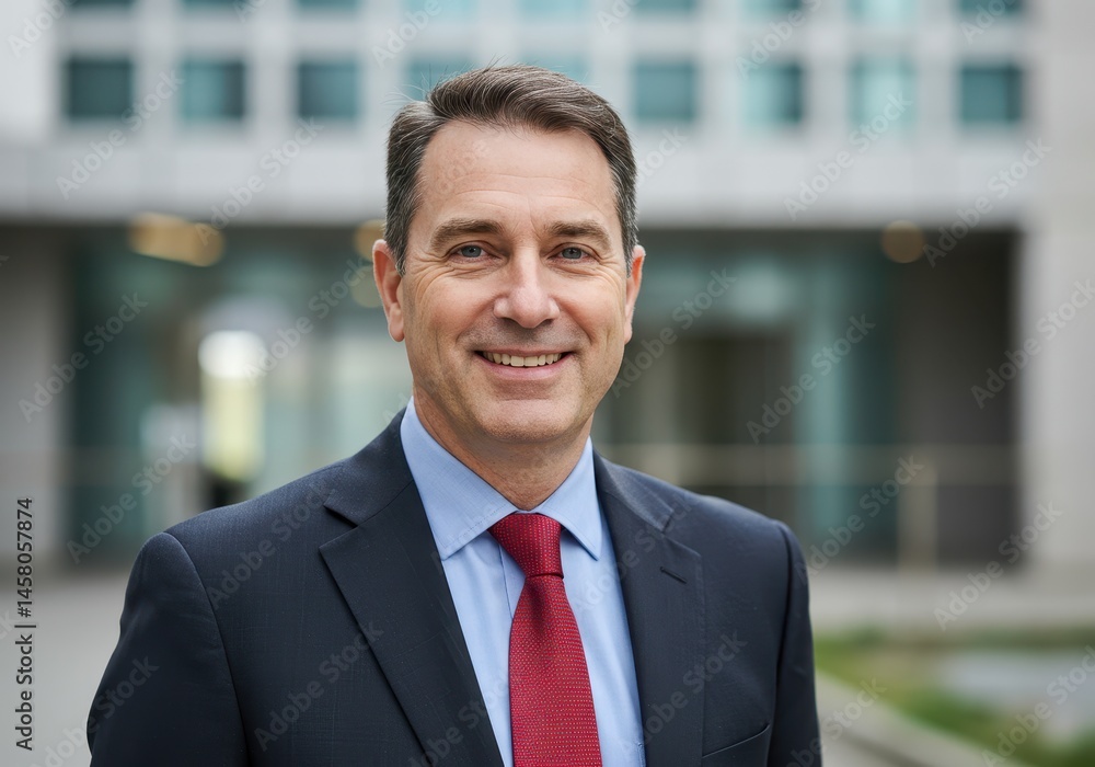 Portrait of a smiling man in a suit with a red tie standing in front of a modern building outside Portrait of a smiling man in a suit with a red tie standing in front of a modern building outside