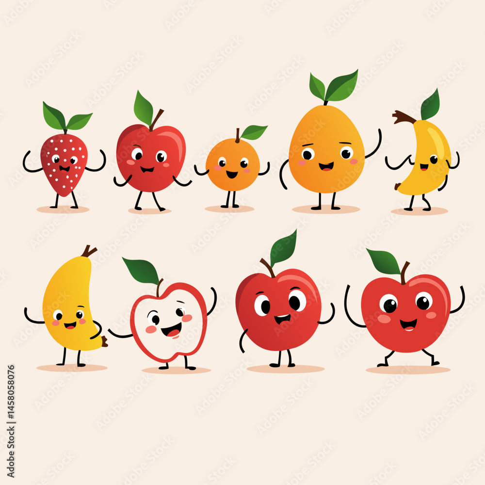 Happy Fruit Characters – Kawaii Apple, Banana, and Berry Cartoon Collection Happy Fruit Characters – Kawaii Apple, Banana, and Berry Cartoon Collection
