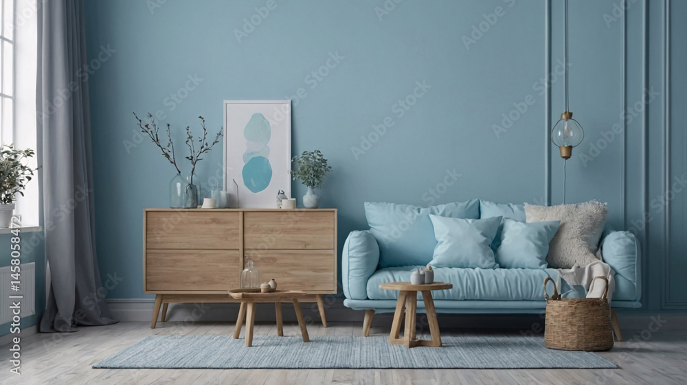Obraz premium natural lighting baby blue interior home photography with plush bed couch wooden table soft light styling calm elegant modern decor mockup minimalist Contemporary Scandinavian Interior