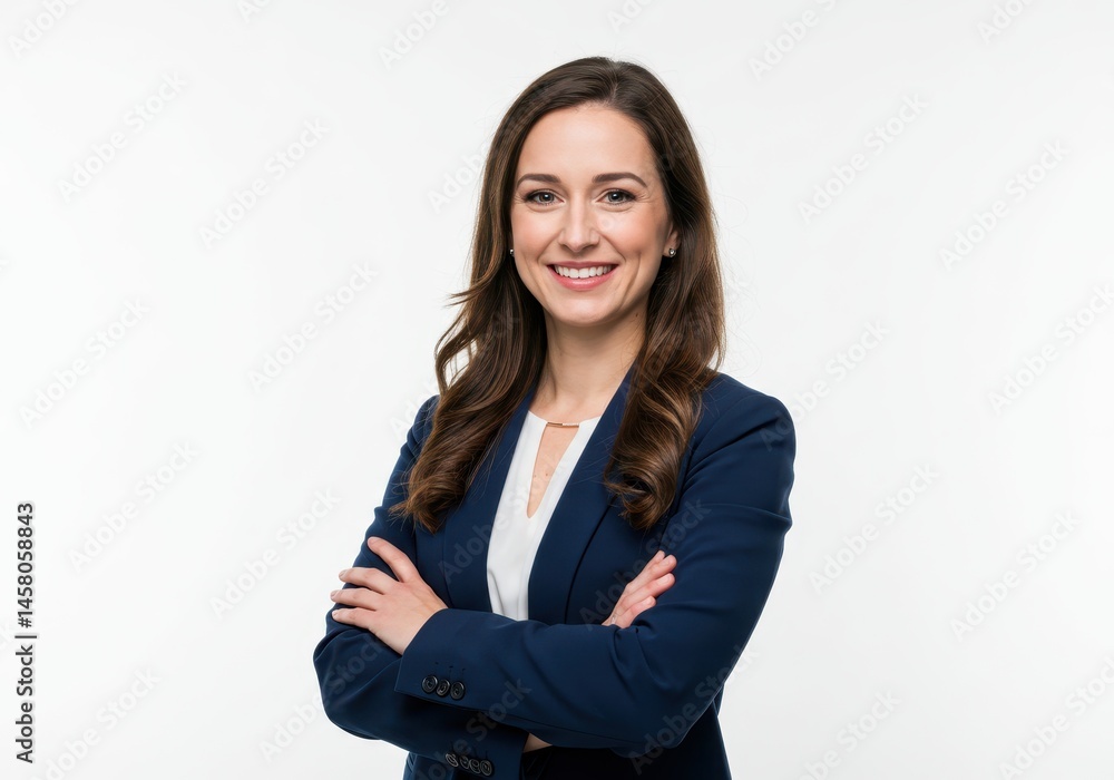Portrait of a smiling woman in a blue blazer with arms crossed against a white studio background Portrait of a smiling woman in a blue blazer with arms crossed against a white studio background