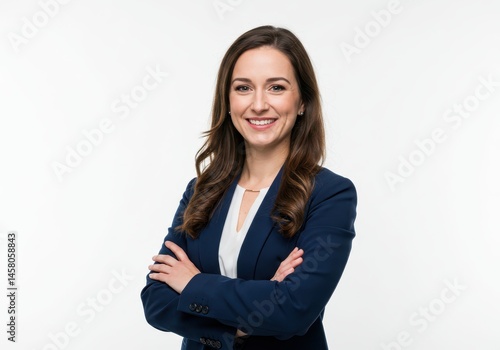 Portrait of a smiling woman in a blue blazer with arms crossed against a white studio background