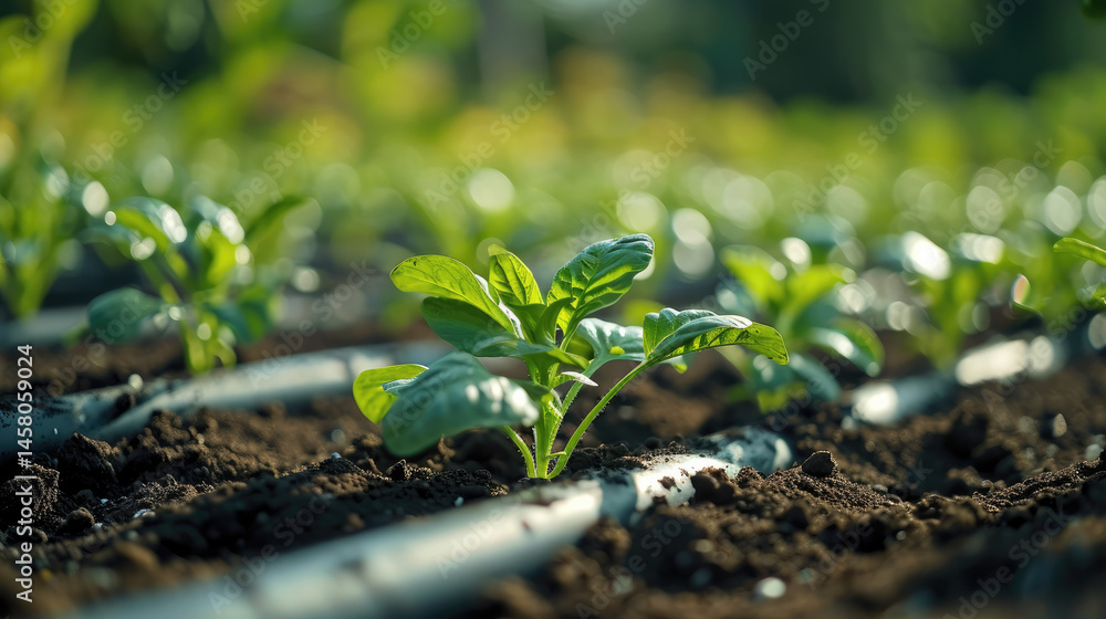 Young green seedling growing in fertile soil with irrigation pipes, symbolizing hope and sustainable agriculture, in sunlit outdoor vegetable garden Young green seedling growing in fertile soil with irrigation pipes, symbolizing hope and sustainable agriculture, in sunlit outdoor vegetable garden