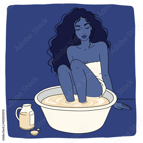 Young woman relaxing with feet in basin of milk at home  