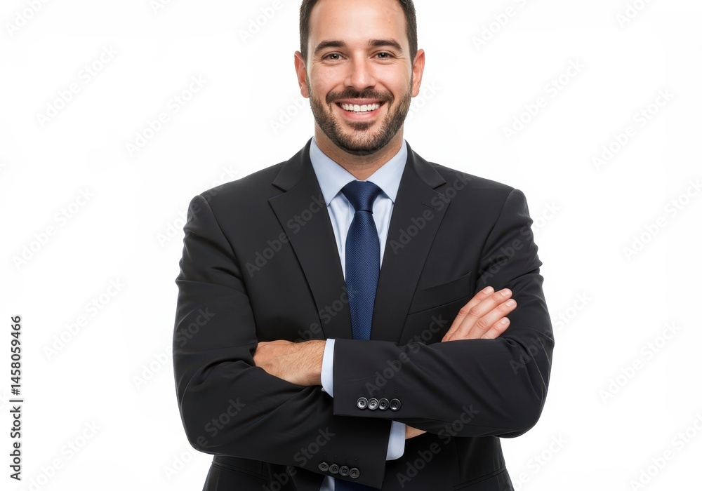Portrait of a smiling man in a suit with his arms crossed against a white background in the studio Portrait of a smiling man in a suit with his arms crossed against a white background in the studio