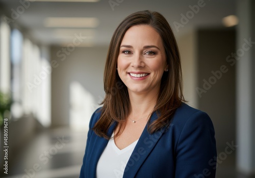 Portrait of a smiling woman in a blue blazer standing in a bright hallway with plants visible nearby