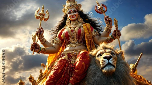 Hindu goddess riding lion