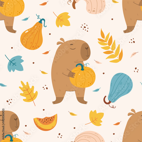 Autumn pattern with cute capybara holding pumpkin
