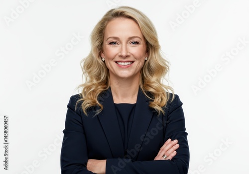 Portrait of a smiling blonde woman in a dark business suit with her arms crossed on a white background