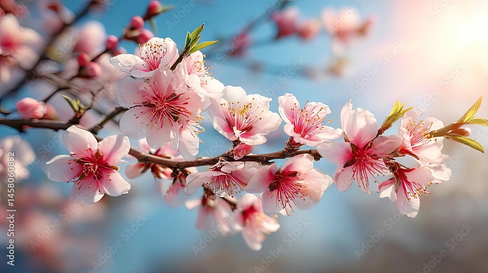 Fototapeta premium Blossoming apricot tree branches against sunlight and peaceful sky concept. Delicate cherry blossom branch in soft sunlight, symbolizing spring.