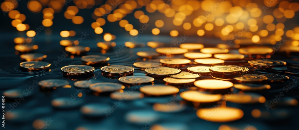 Fototapeta premium Golden Coins on Dark Surface