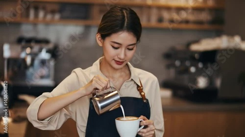 South Korean Woman Creating Latte Art in Modern Artisan Café