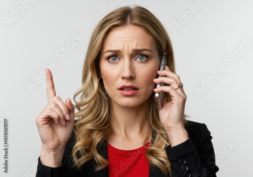 Woman in blazer talking on phone with raised finger expressing concern on a white background studio shot