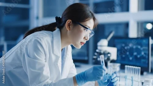 South Korean Female Scientist Conducting Experiment in Futuristic Laboratory