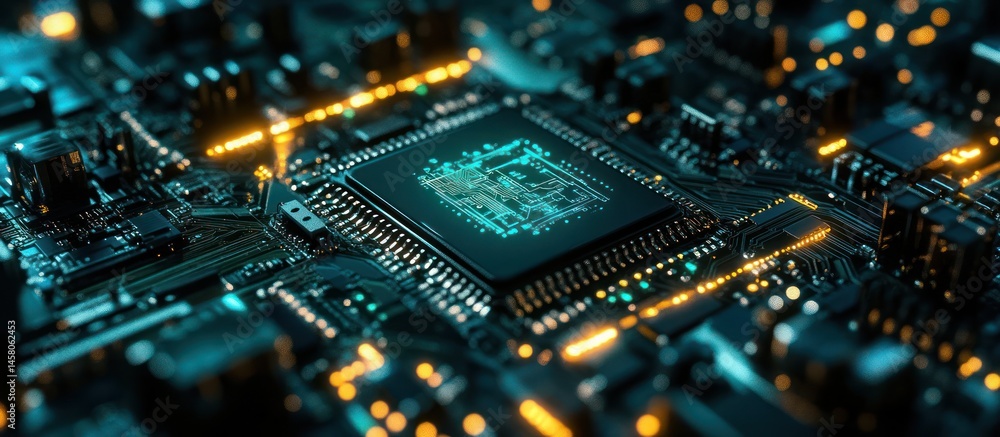 Obraz premium Close Up of Computer Chip and Circuit Board Technology