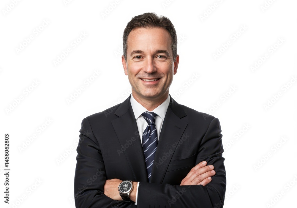 Portrait of a smiling man in a suit with arms crossed against a plain white studio background Portrait of a smiling man in a suit with arms crossed against a plain white studio background
