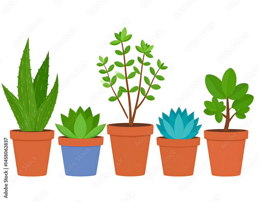 Fototapeta premium Vibrant Potted Plants Collection: Aloe, Succulents, and More
