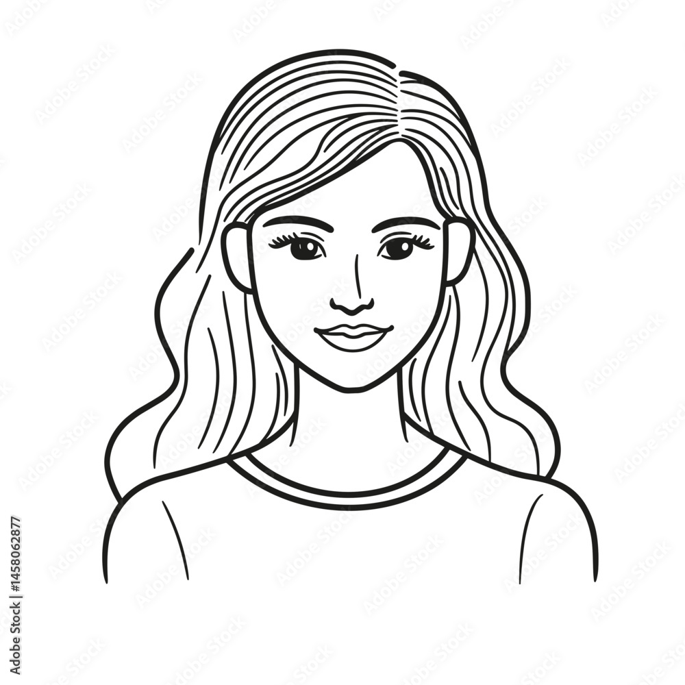 Young woman smiling in a simple line drawing style Young woman smiling in a simple line drawing style