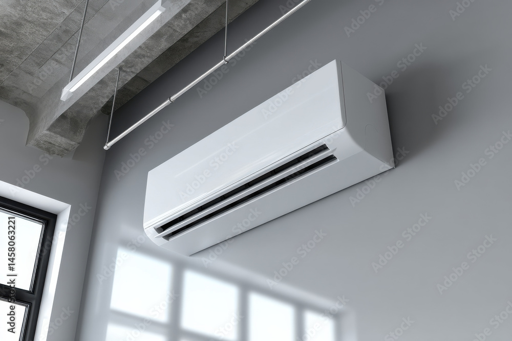 Obraz premium Overhead view of sleek split AC system in minimalist loft with recessed lighting representing modern home climate control and tech style