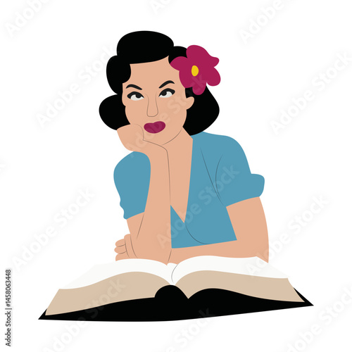 Retro Woman Reading Book Thoughtful Pose