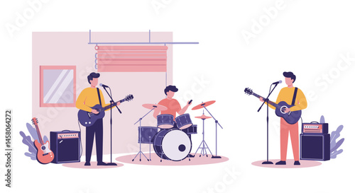 Rock band performing in garage rehearsal space  