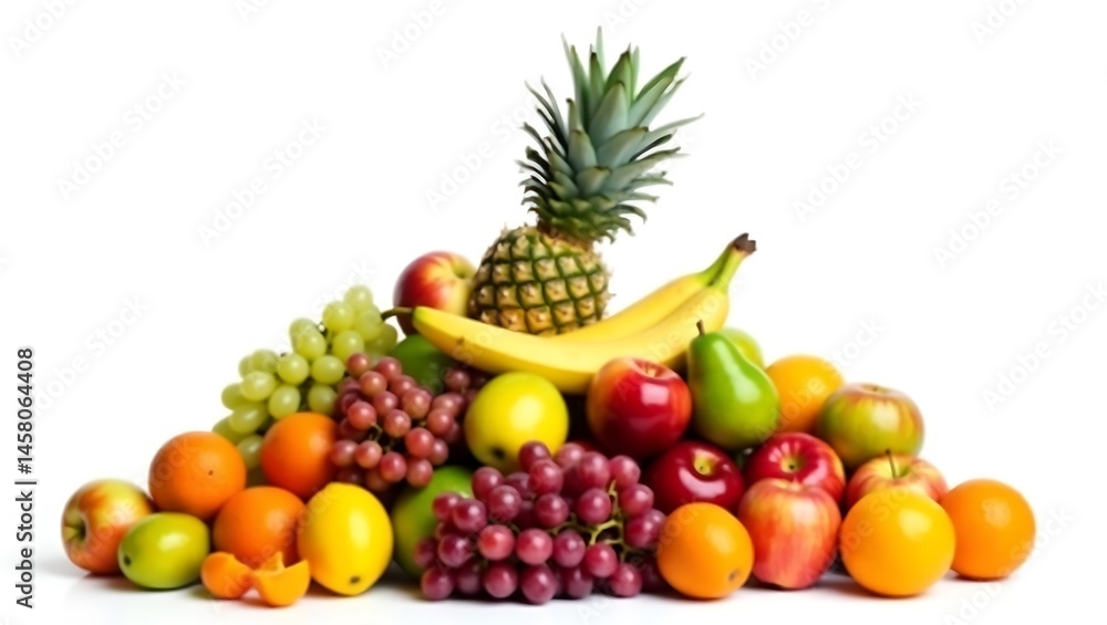 Fresh pineapple, apple, orange, banana, kiwi, and grapes are healthy fruits isolated on a white background Fresh pineapple, apple, orange, banana, kiwi, and grapes are healthy fruits isolated on a white background