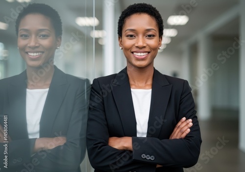 Portrait of a smiling african american businesswoman in a suit standing by a glass wall with reflection