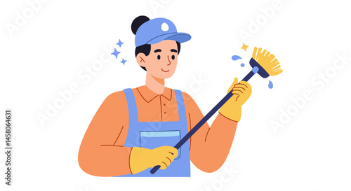 Professional cleaner smiling while holding a cleaning brush against a white background  